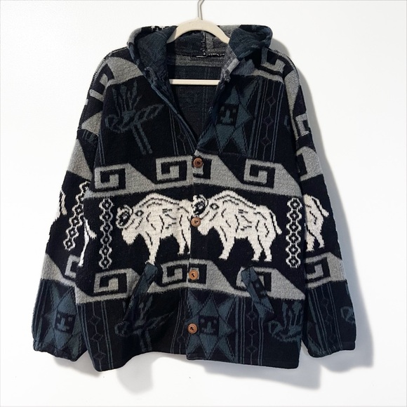 Vintage | Alpaca Wool Aztec Tribal Print Hooded Sweater Jacketet - Picture 2 of 7